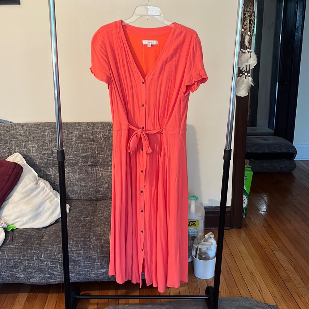 LOFT Coral Button-Down Midi Dress